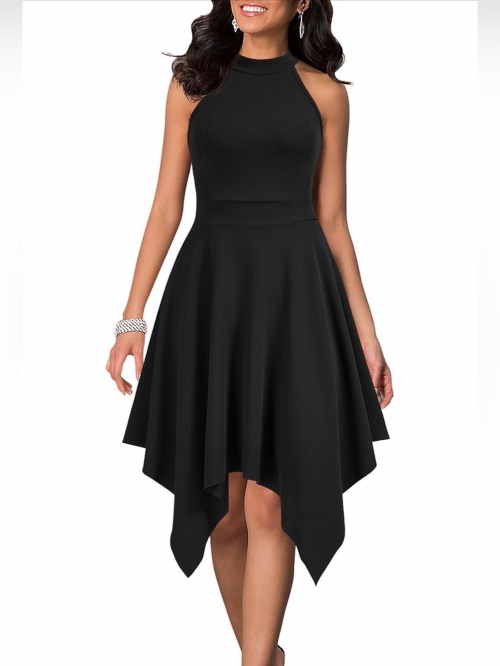 NWT Black High-Neck Handkerchief Hem Cocktail Dress, Small